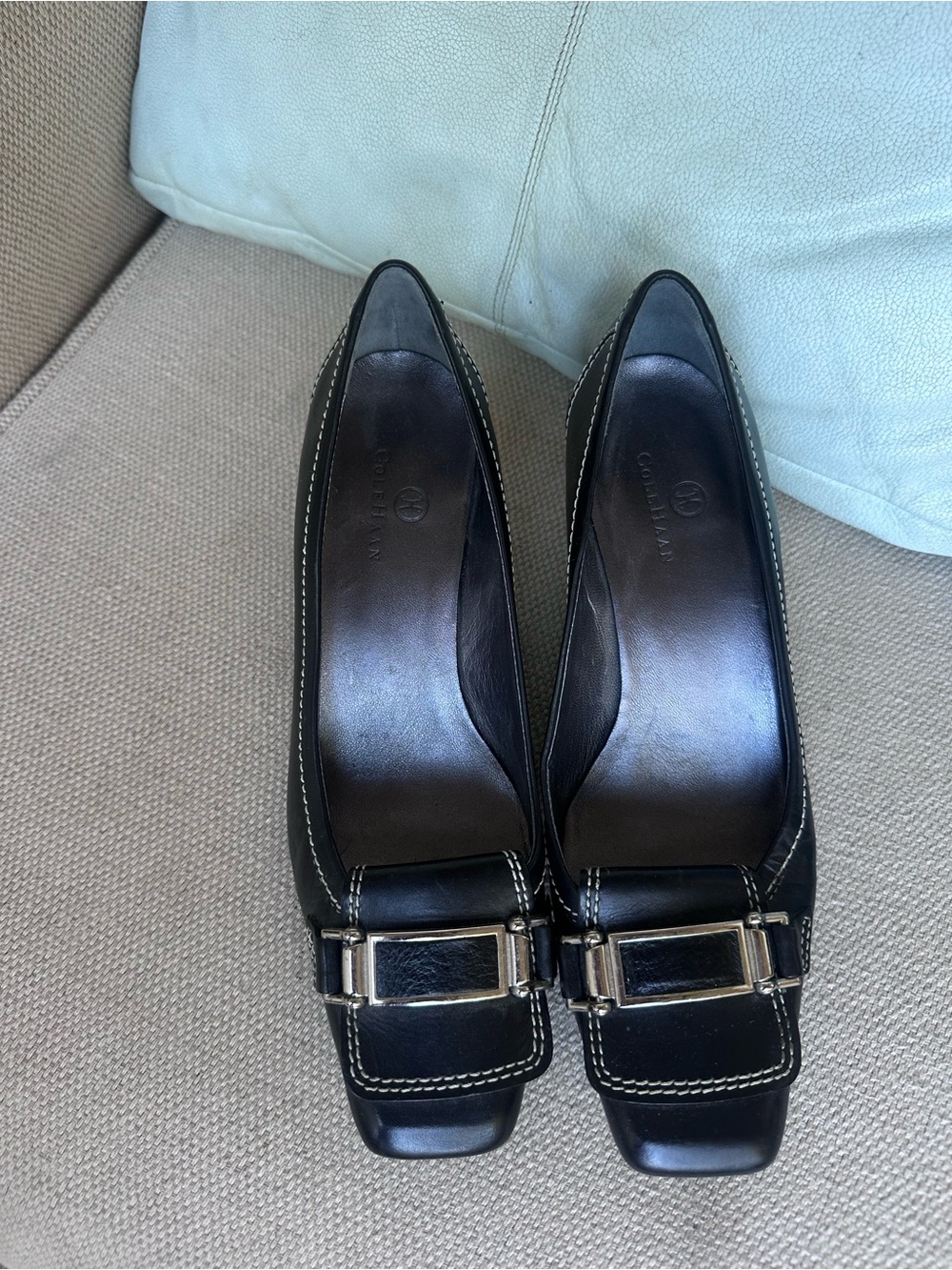 Cole Haan Black Leather Square-Toe Buckle Flats